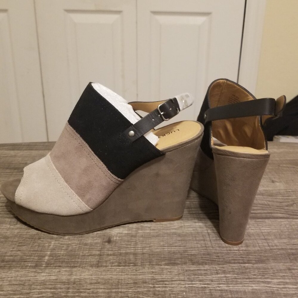 Lucky Brand Frescala Suede Open Toe Platform Wedge Shoes Size 10